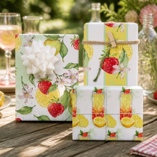 Watercolor Strawberry & Lemon Summer Wrapping Paper Sheet