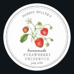 Watercolor Strawberry on white jam jar  Classic Round Sticker<br><div class="desc">Elegant Personalised hand painted watercolor vintage style strawberry jam label on crisp white background. Use for your homemade jam's or anything you choose. Makes great gift. Fill your information on label and enjoy.</div>
