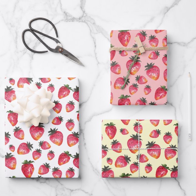 Watercolor Strawberry Pattern Hand-Painted Boho Wrapping Paper Sheet (Front)