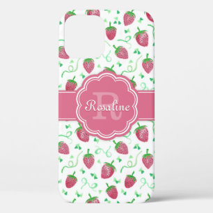 Watercolor Strawberry Pattern with Monogram iPhone 12 Case