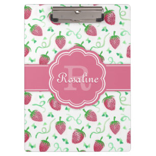Watercolor Strawberry Pattern with Monogram Clipboard