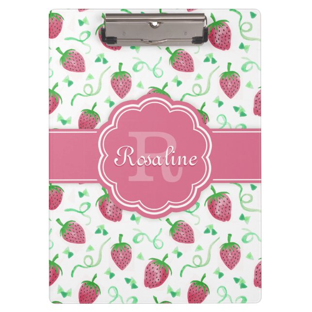 Watercolor Strawberry Pattern with Monogram Clipboard (Front)