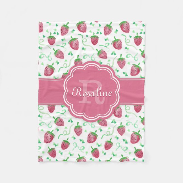 Watercolor Strawberry Pattern with Monogram Fleece Blanket (Front)