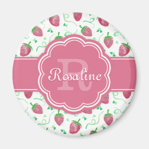 Watercolor Strawberry Pattern with Monogram Magnet