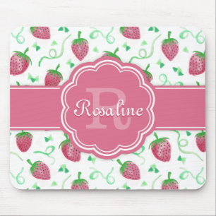 Watercolor Strawberry Pattern with Monogram Mouse Pad