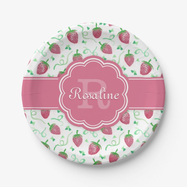 Watercolor Strawberry Pattern with Monogram Paper Plate (Front)