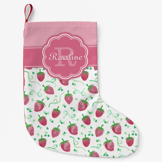Watercolor Strawberry Pattern with Monogram Small Christmas Stocking (Front)