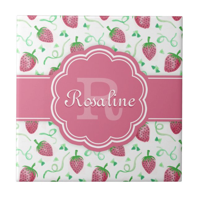 Watercolor Strawberry Pattern with Monogram Tile (Front)