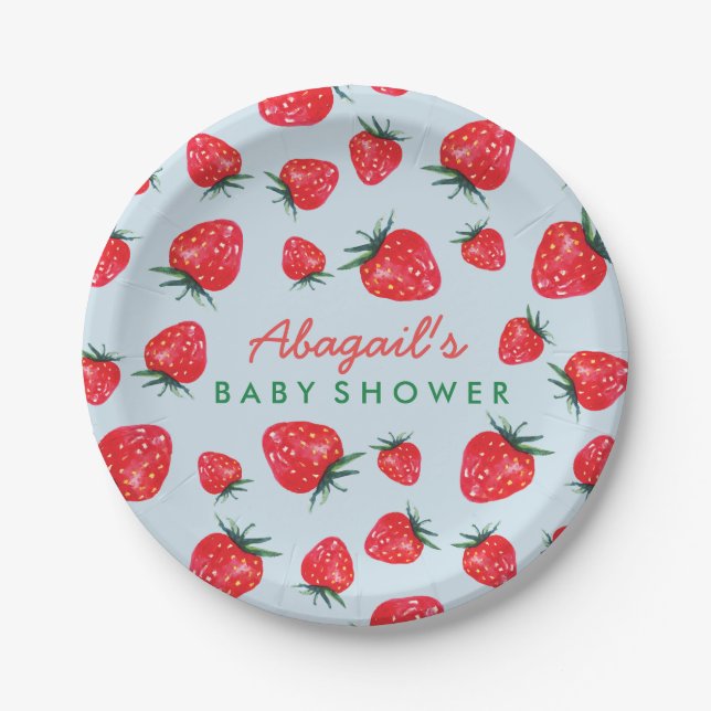Watercolor Strawberry Personalised Baby Shower Paper Plate (Front)