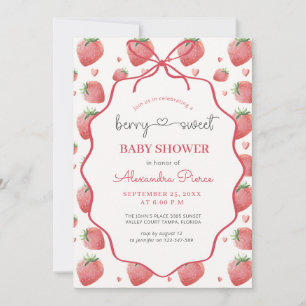 Watercolor Strawberry Pink Bow Baby Shower Invitation
