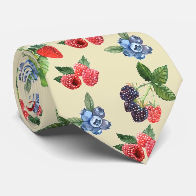 Watercolor Strawberry Raspberry Currant Pattern Tie (Rolled)