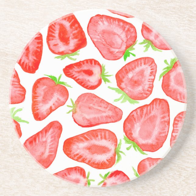 Watercolor strawberry slices pattern coaster (Front)