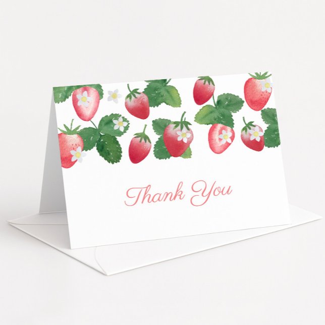Watercolor Strawberry Summer Baby Shower Thank You Card (Simple watercolor strawberries folding thank you card design)