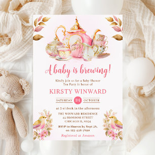 Watercolor Strawberry Tea Party Baby Shower Invitation
