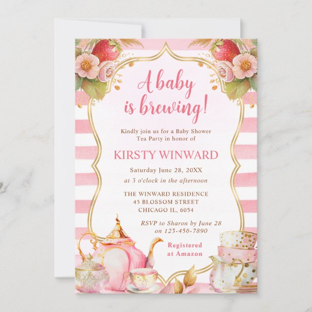 Watercolor Strawberry Tea Party Baby Shower Invitation (Front)