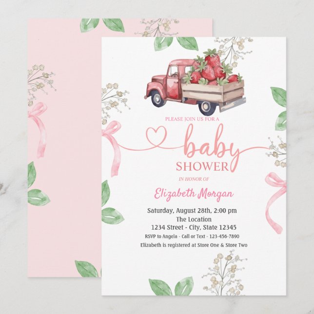 Watercolor Strawberry Truck Baby Shower Invitation (Front/Back)