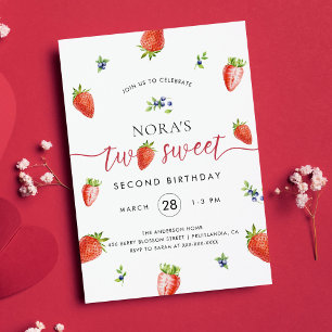 Watercolor Strawberry Two Sweet Birthday  Invitation