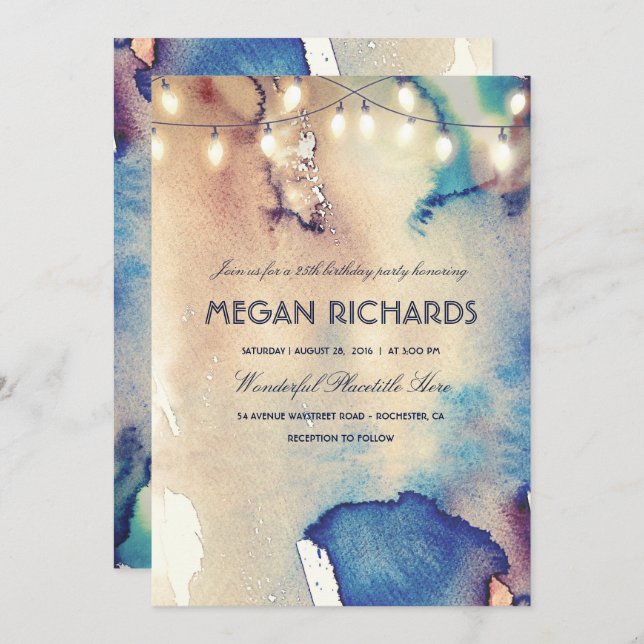 Watercolor String Lights Beach Birthday Party Invitation (Front/Back)