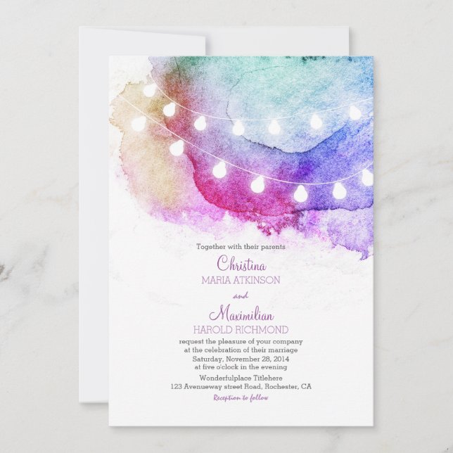 watercolor string lights romantic wedding invitation (Front)
