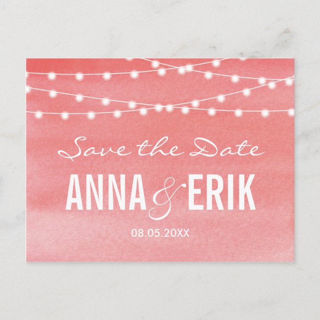 Watercolor String Lights Save The Date Postcard (Front)