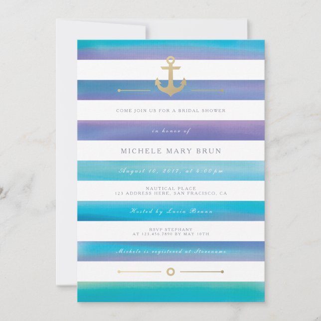 Watercolor Striped Nautical Bridal Shower Invite (Front)