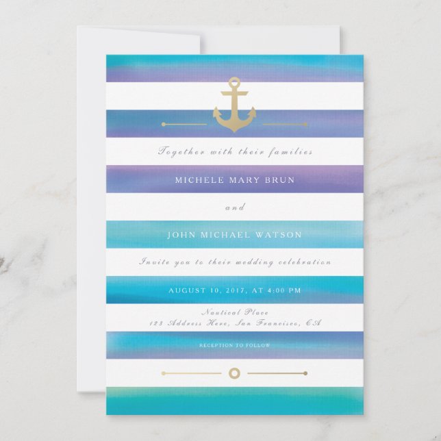 Watercolor Striped Nautical Wedding Invite (Front)