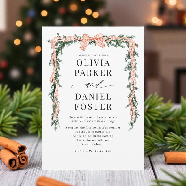 Watercolor Striped Red Bow Christmas Greenery Invitation (Creator Uploaded)