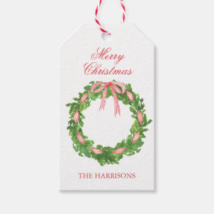 Watercolor Striped Ribbon Wreath Christmas Gift Tags