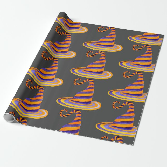 Watercolor Striped Witch Hat Wrapping Paper (Unrolled)