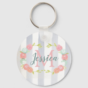 Watercolor Stripes and Floral Monogram Key Ring