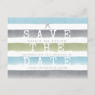 Watercolor stripes beach wedding save the date announcement postcard