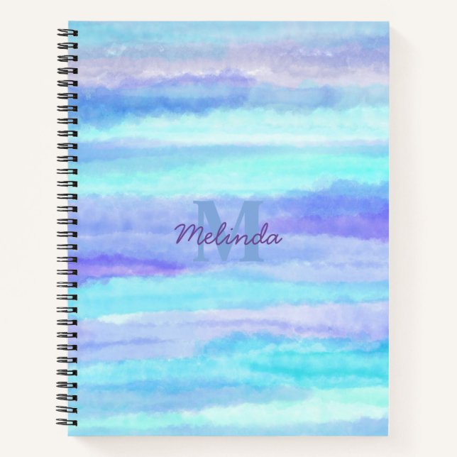 Watercolor Stripes Blue Monogram Notebook (Front)