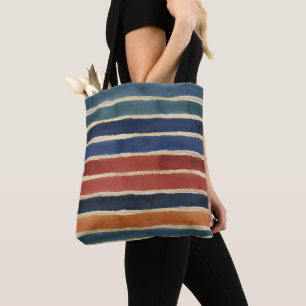 Watercolor Stripes Earthy Brick Rust Teal Navy Tote Bag