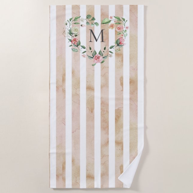 watercolor stripes floral wreath monogram beach towel (Front)