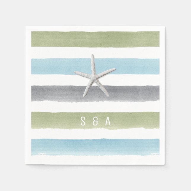 Watercolor stripes monogram rustic beach wedding napkin (Front)