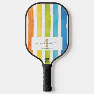 Watercolor Stripes Monogram Script Name Pickleball Paddle