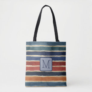 Watercolor Stripes Navy Color Block Monogram Tote Bag