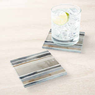 Watercolor Stripes Neutral Colours Glass Coaster