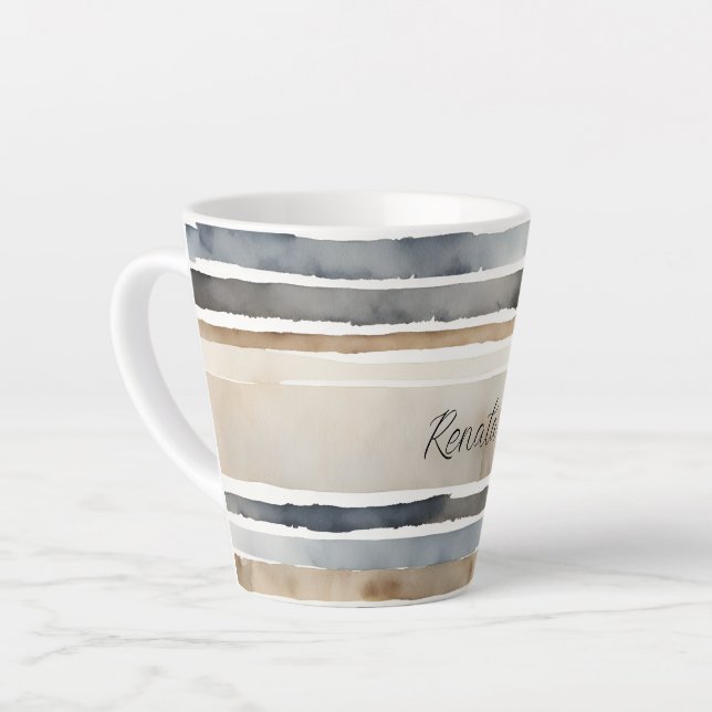 Watercolor Stripes Neutral Colours Latte Mug (Left Angle)