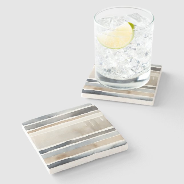 Watercolor Stripes Neutral Colours Stone Coaster (Side)