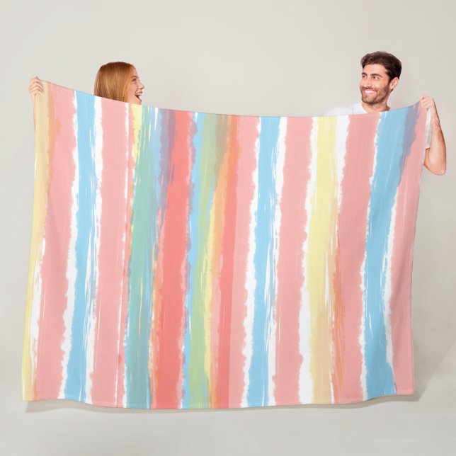 Watercolor Stripes Pink Blue Yellow Fleece Blanket (In Situ)