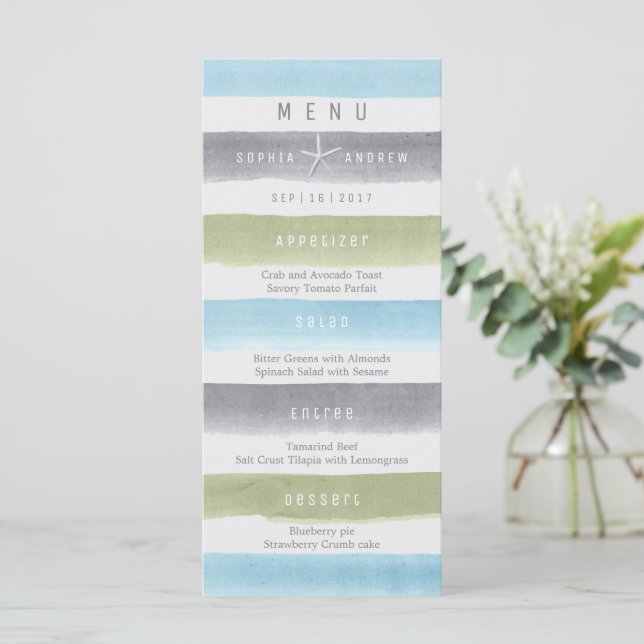 Watercolor stripes rustic beach wedding menu (Standing Front)
