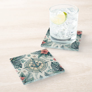 WATERCOLOR STRIPES TROPICAL AND NAUTICAL THEME GLASS COASTER