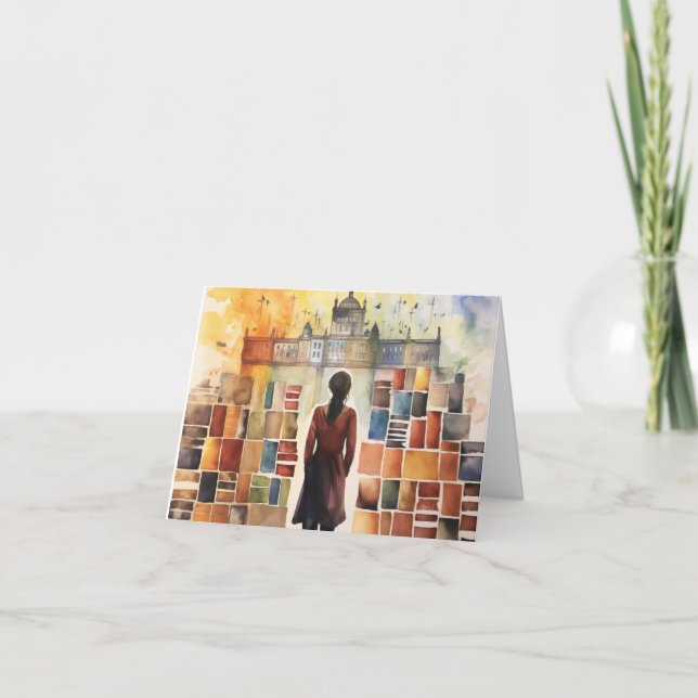Watercolor Student in books blank Folded Note Card (Front)