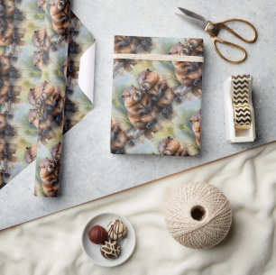  Watercolor Style Beaver Couple Animal Pattern Art Wrapping Paper