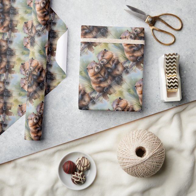  Watercolor Style Beaver Couple Animal Pattern Art Wrapping Paper (Crafts)
