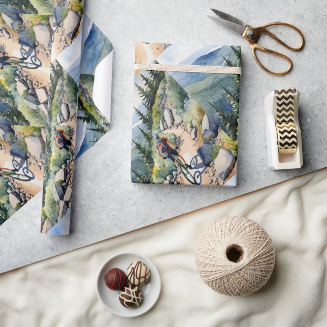  Watercolor Style Bike Biker Mountain Trails Wrapping Paper (Crafts)