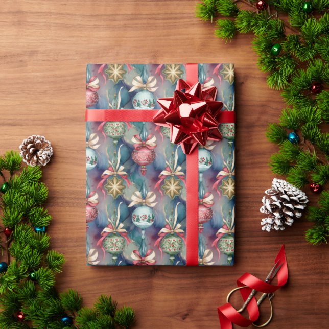 Watercolor Style Christmas Tree Ornaments Pattern Wrapping Paper (Holiday Gift)