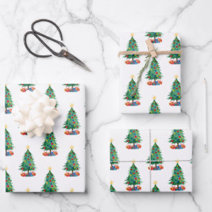 Watercolor Style Christmas Trees and Gifts Pattern Wrapping Paper Sheet
