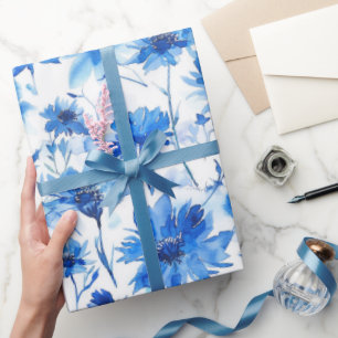 Watercolor Style Cornflower Type Blue Flower Wrapping Paper